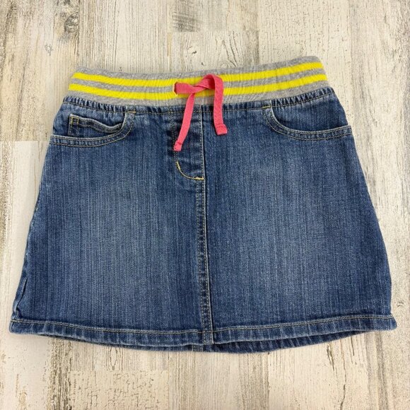 Mini Boden Denim Skirt Knit Waistband Heart Pockets Jean Girls Size 7 8 - Picture 1 of 10